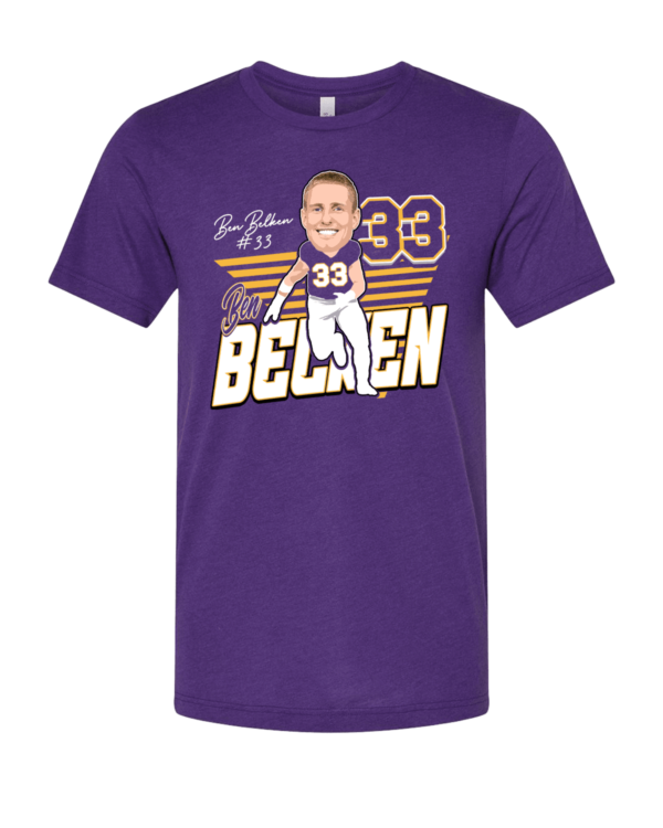 A purple shirt with a picture of a man in the middle.