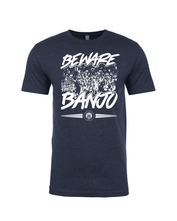 A navy blue t-shirt with the words " beware bango ".