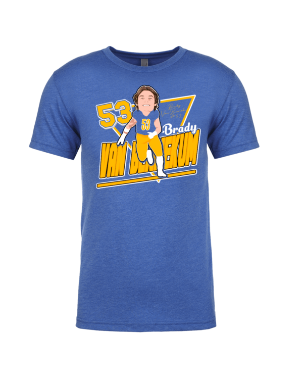 A blue t-shirt with an image of a man holding a baseball bat.