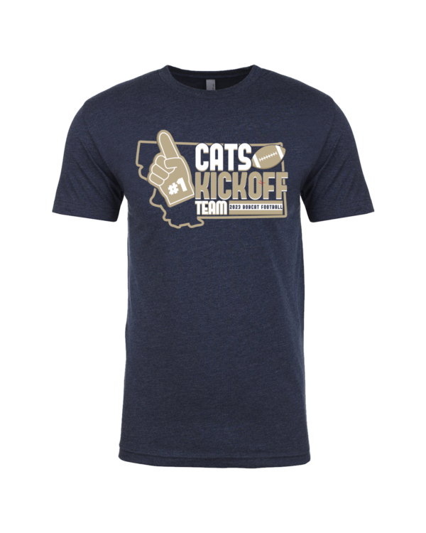 A navy blue t-shirt with the words " cats kick off texas football ".