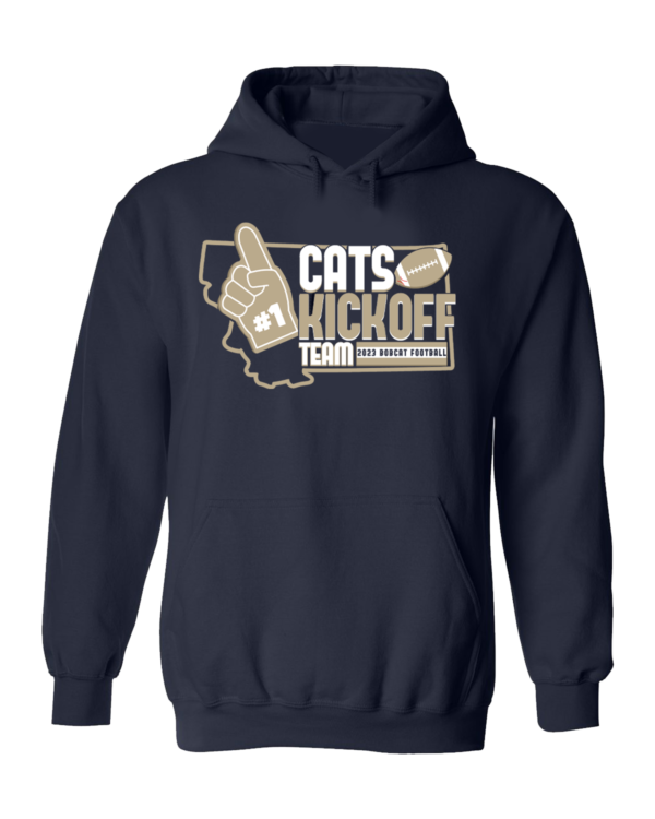 A navy blue hoodie with the words cats kickoff on it.