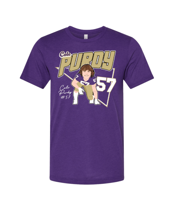 A purple t-shirt with an image of a person holding a baseball bat.