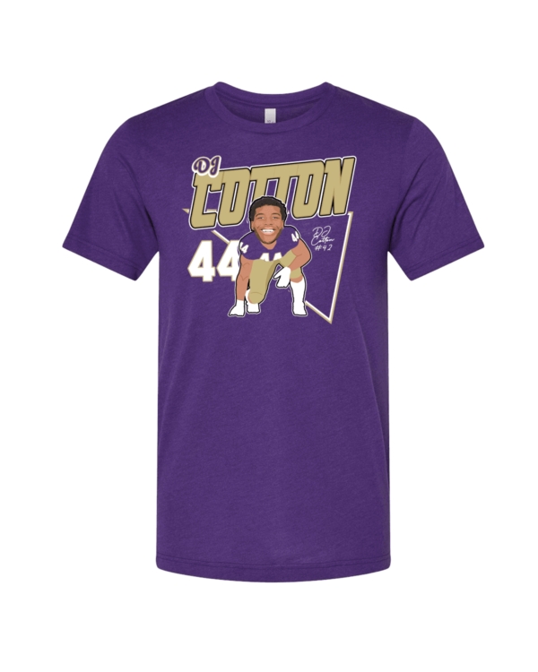A purple t-shirt with an image of a football player.