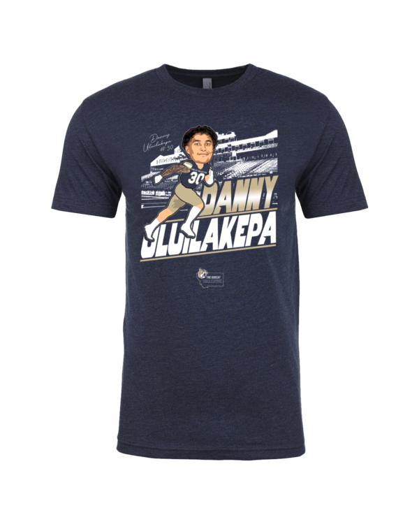 A navy blue t-shirt with an image of danny gillakepa.