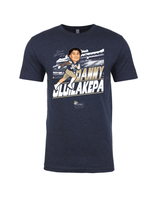 A navy blue t-shirt with an image of danny gillakepa.