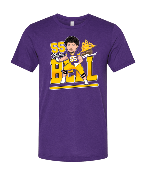A purple t-shirt with a cartoon of a football player.