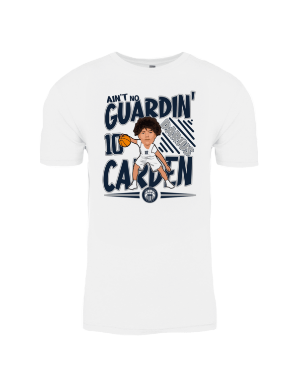 A white t-shirt with an image of a person holding a tennis racket.