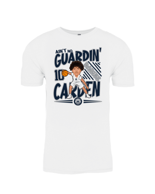 A white t-shirt with an image of a person holding a tennis racket.