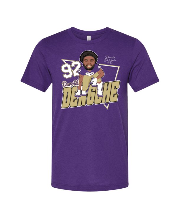 A purple t-shirt with a picture of a man holding a baseball bat.