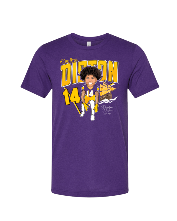 A purple t-shirt with an illustration of a person.