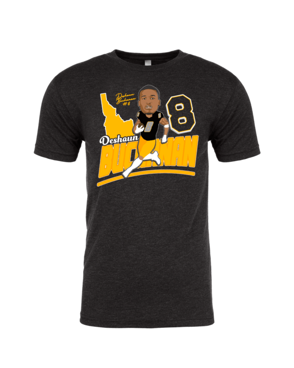 A black t-shirt with a cartoon of a football player.