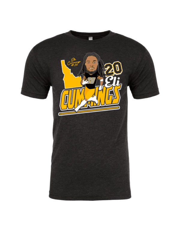 A black t-shirt with a caricature of a person.