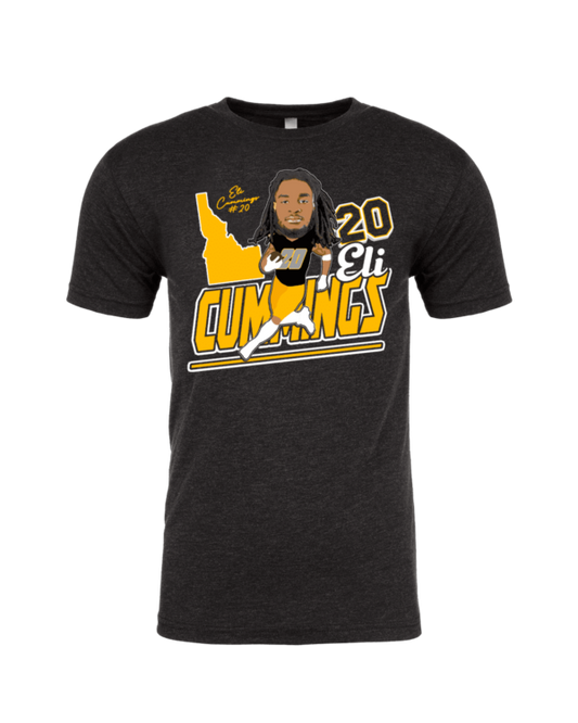 A black t-shirt with a caricature of a person.