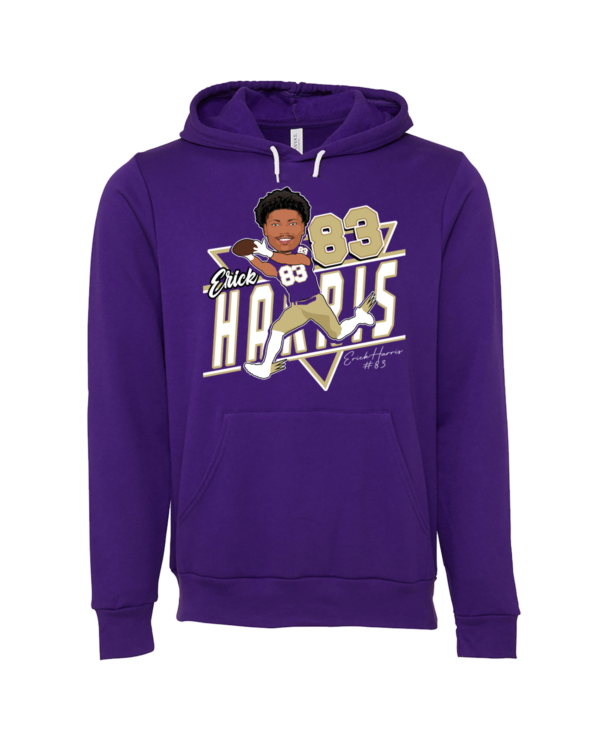 A purple hoodie with an image of a man holding a baseball bat.
