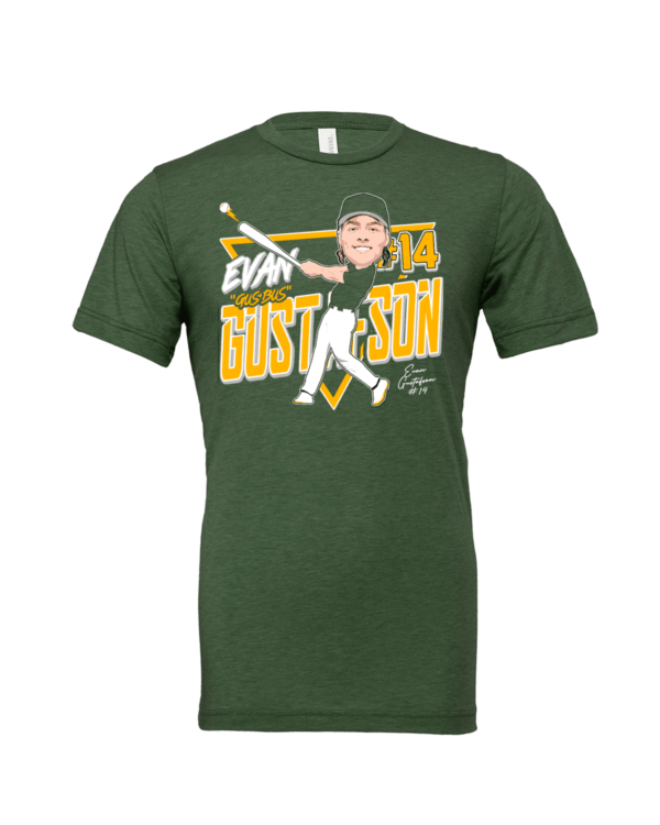 A green t-shirt with an illustration of evan dust sox.