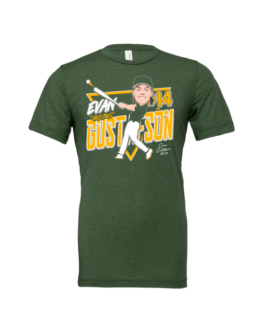 A green t-shirt with an illustration of evan dust sox.