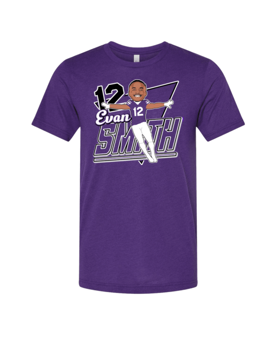 A purple t-shirt with an illustration of a baseball player.