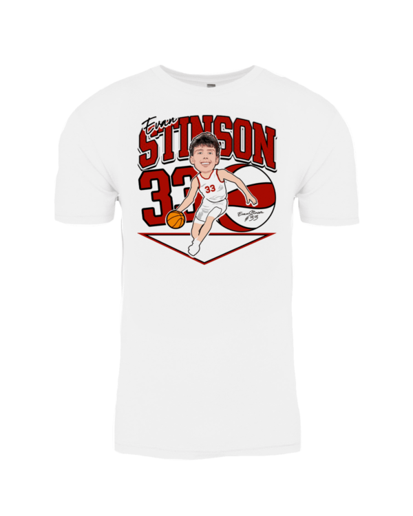 A white t-shirt with an illustration of a basketball player.