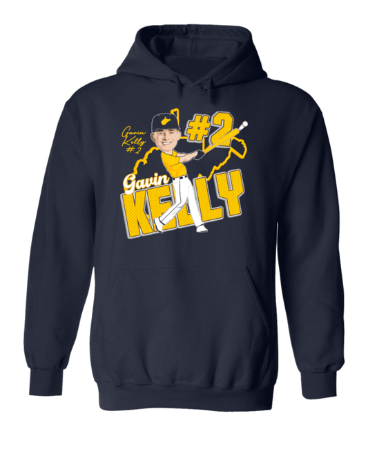 A navy blue hoodie with an illustration of a baseball player.