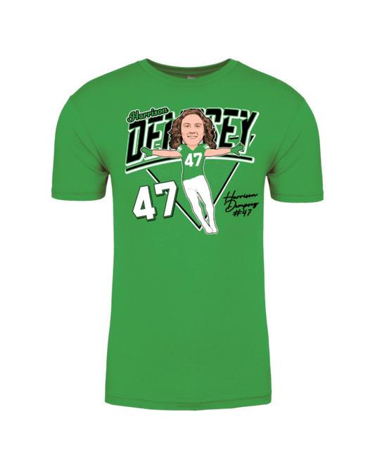 A green shirt with a picture of a person on it.