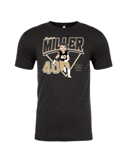 A black t-shirt with an image of a man in the middle of a football field.