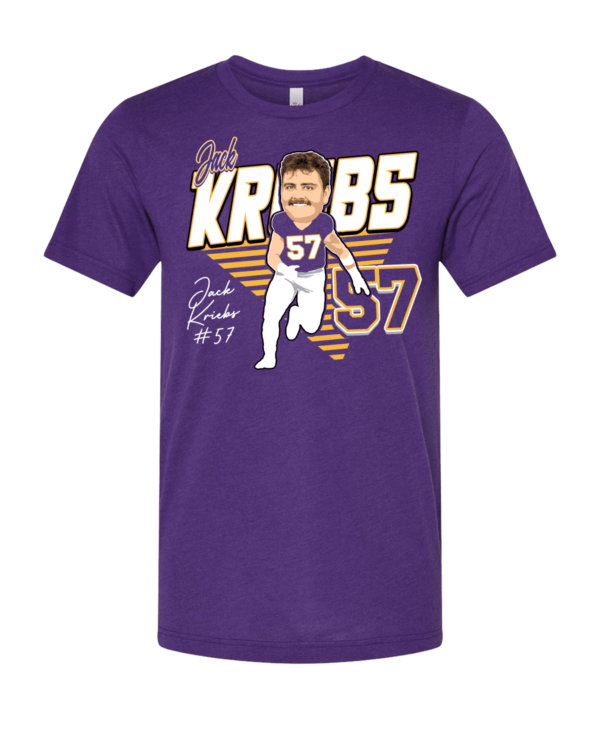A purple shirt with a caricature of a baseball player.