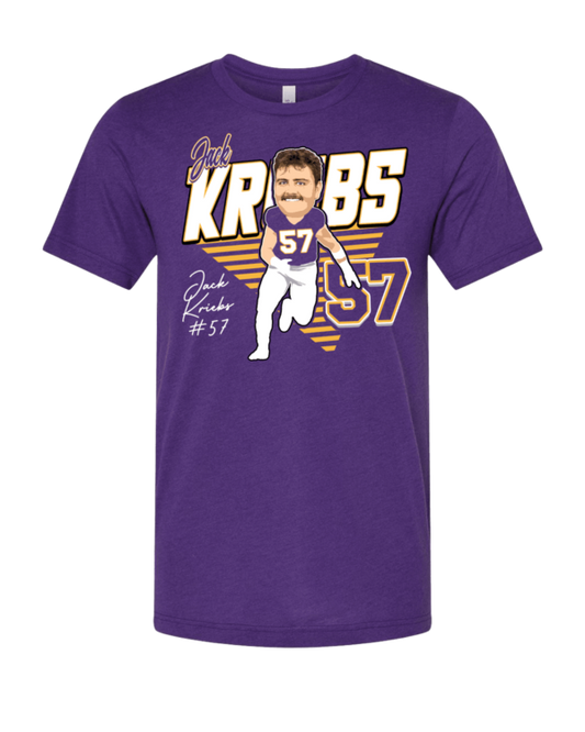 A purple shirt with a caricature of a baseball player.