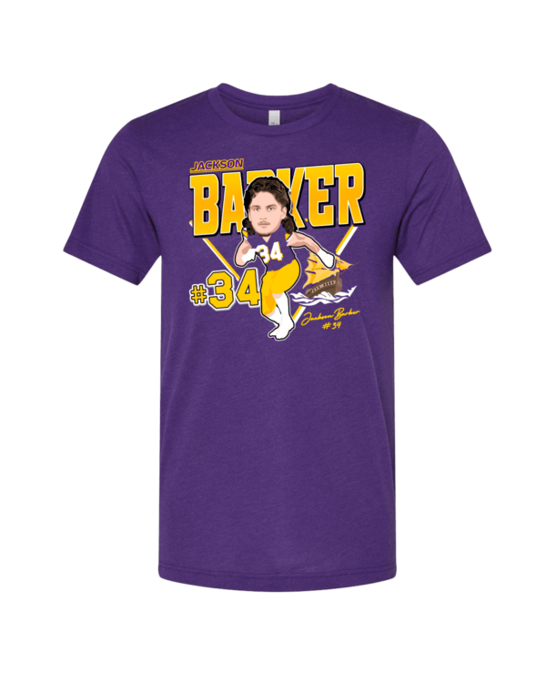 A purple t-shirt with a picture of a baseball player.