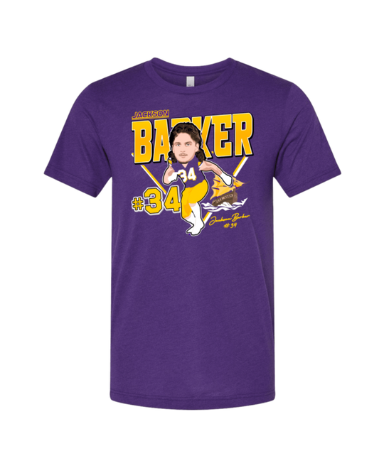A purple t-shirt with a picture of a baseball player.