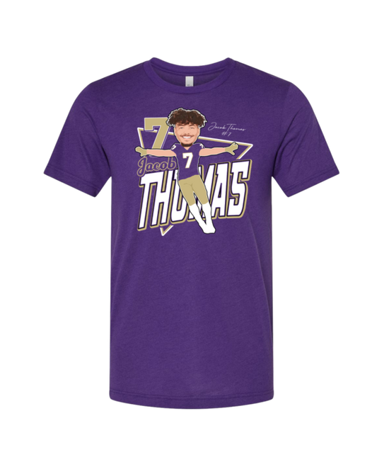 A purple t-shirt with a picture of thomas.