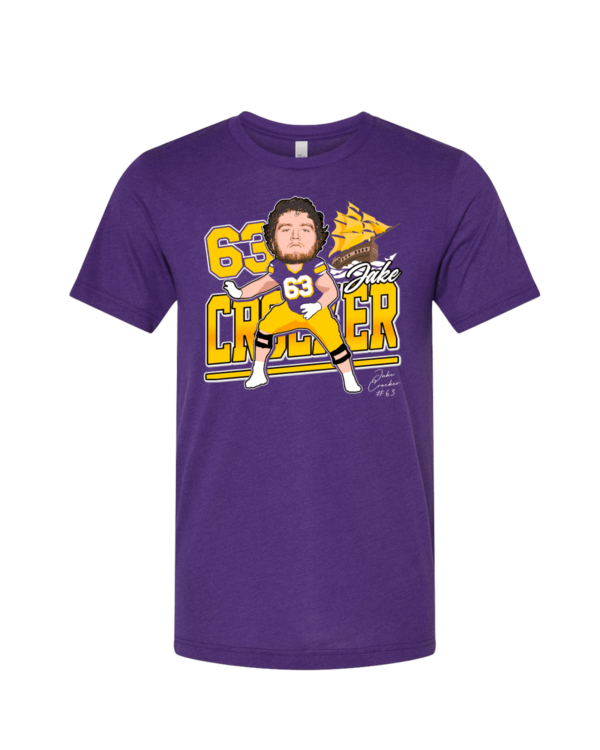 A purple shirt with a cartoon of a man in a football uniform.