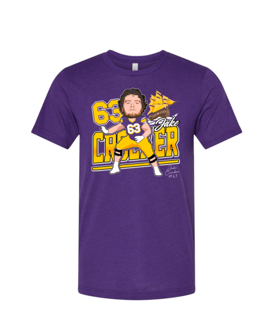 A purple shirt with a cartoon of a man in a football uniform.