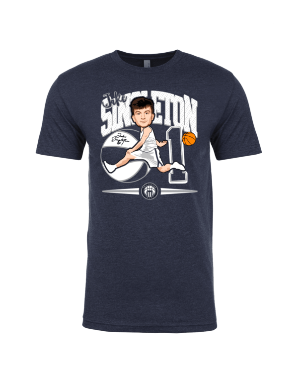 A t-shirt with a cartoon of a basketball player.