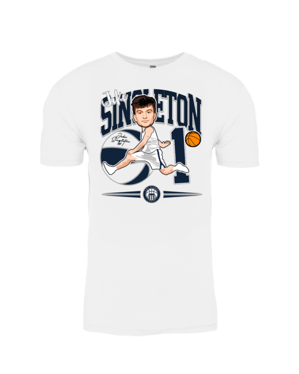 A white t-shirt with an illustration of a basketball player.