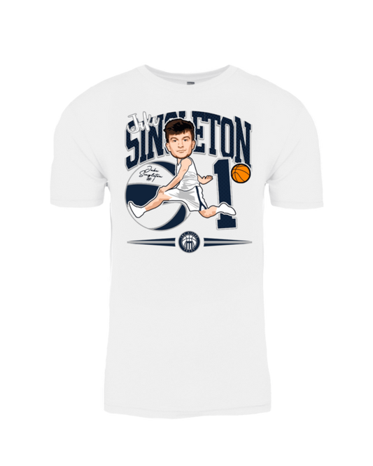 A white t-shirt with an illustration of a basketball player.