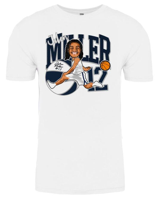 A white t-shirt with an image of a man holding a basketball.