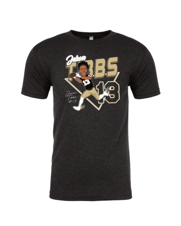 A black t-shirt with a picture of a baseball player.