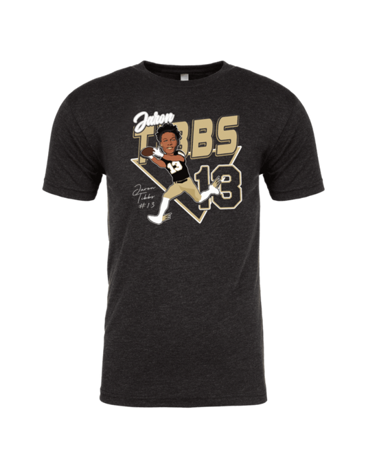 A black t-shirt with a picture of a baseball player.