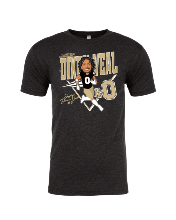 A black t-shirt with a picture of a person.