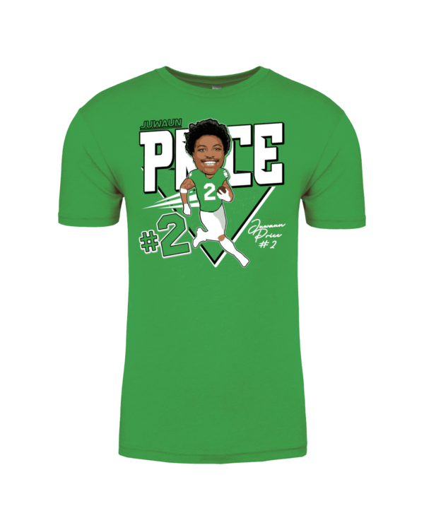 A green t-shirt with a picture of a person holding a baseball bat.