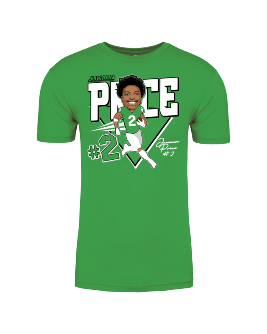 A green t-shirt with a picture of a person holding a baseball bat.
