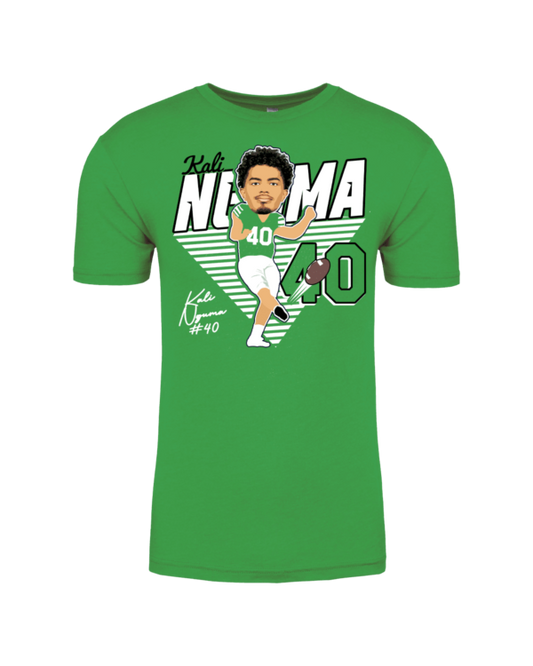 A green shirt with a picture of a baseball player.