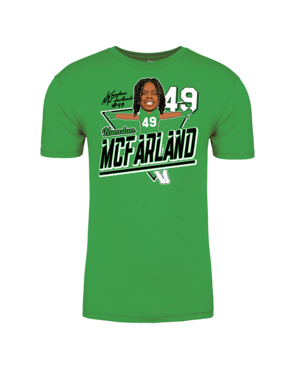 A green t-shirt with an image of a man on it.