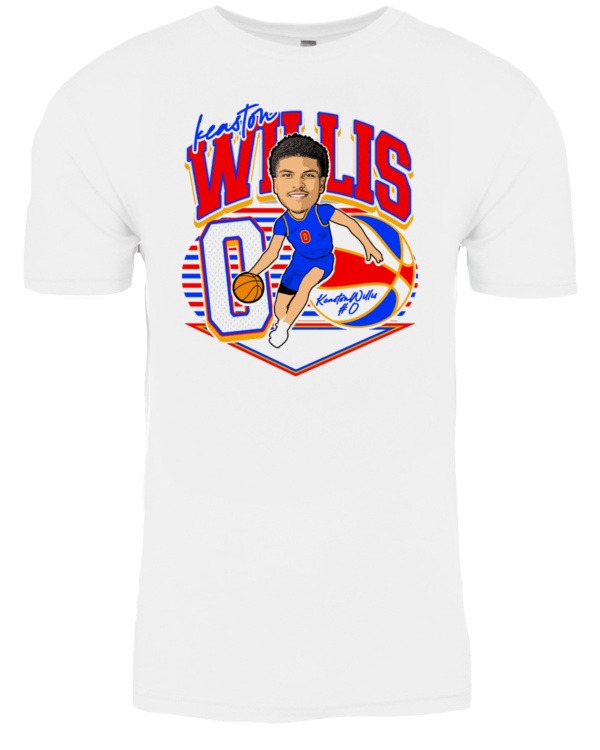 A white t-shirt with an image of a man holding a basketball.