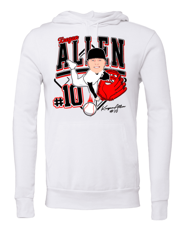 A white sweatshirt with an image of a baseball player.