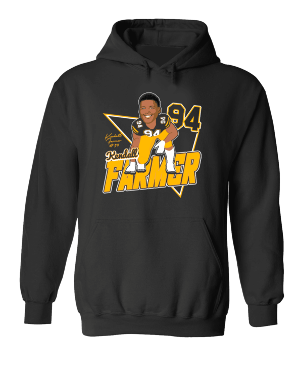 A black hoodie with a picture of a man in yellow and white.