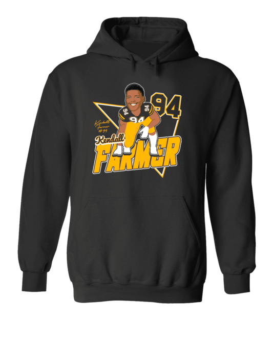A black hoodie with a picture of a man in yellow and white.