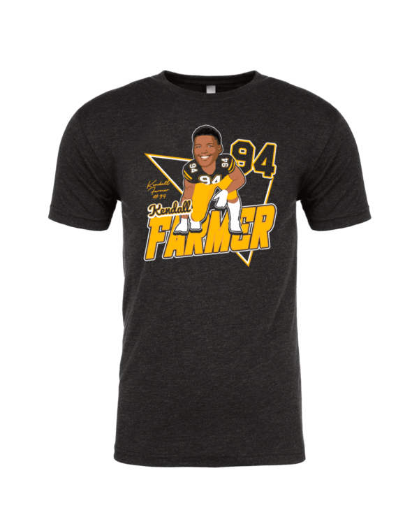 A black t-shirt with a picture of a man in yellow and white.