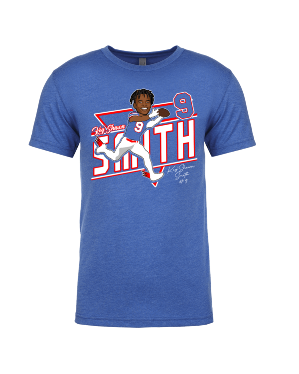 A blue t-shirt with a picture of the name and number of the baseball player.