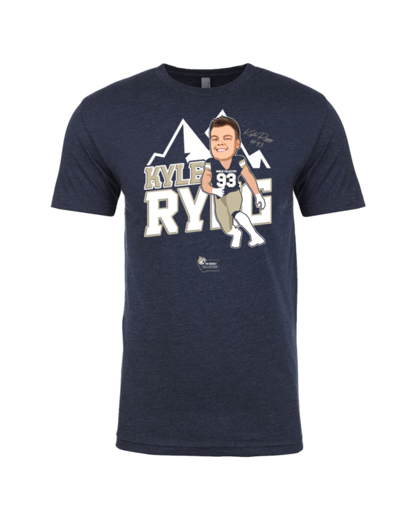 A t-shirt with an image of a man in the middle of a mountain.